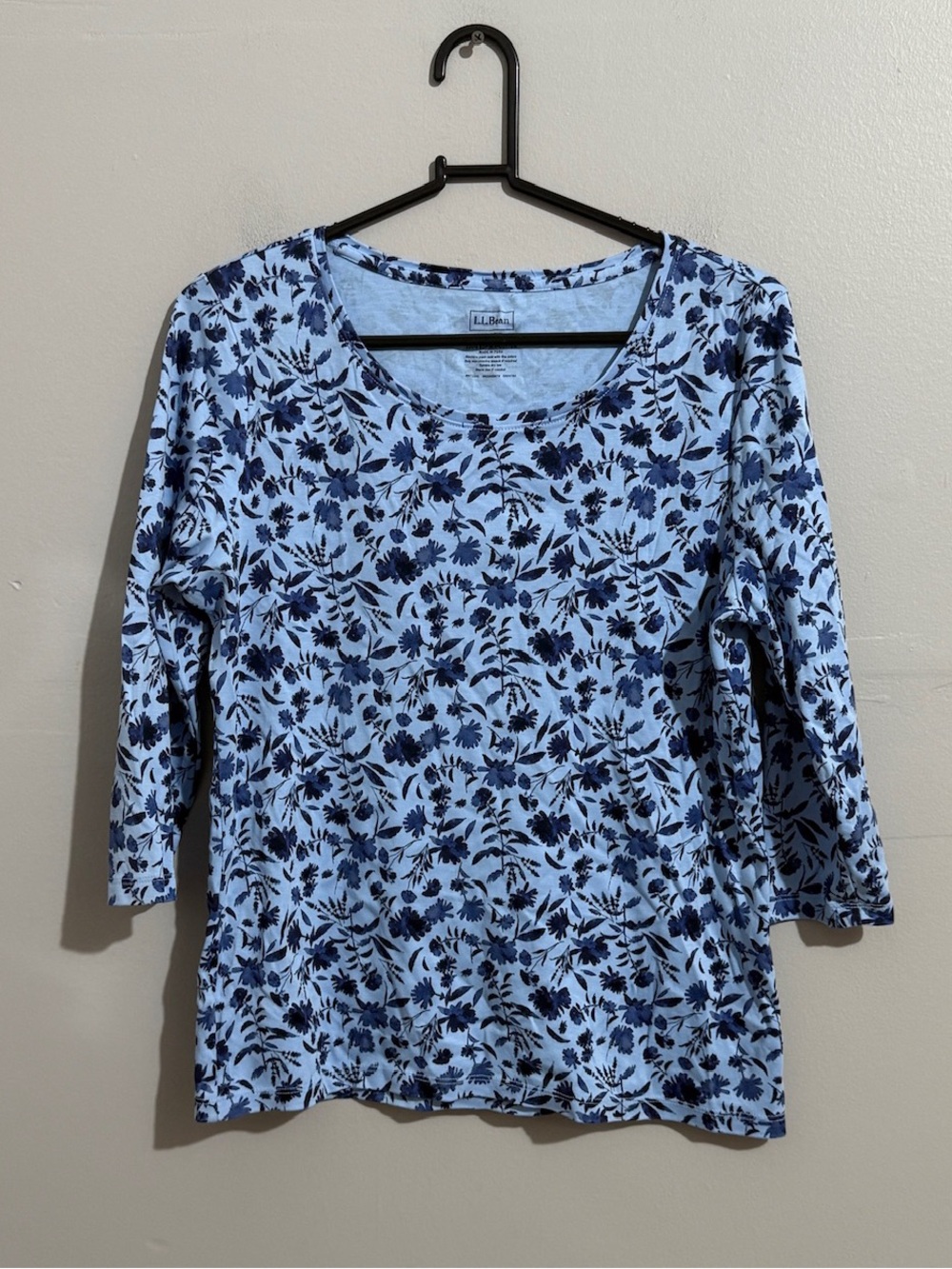 LL Bean Top Womens MP Supima Cotton Pima Knit 3/4 Sleeve Blue Florals Casual